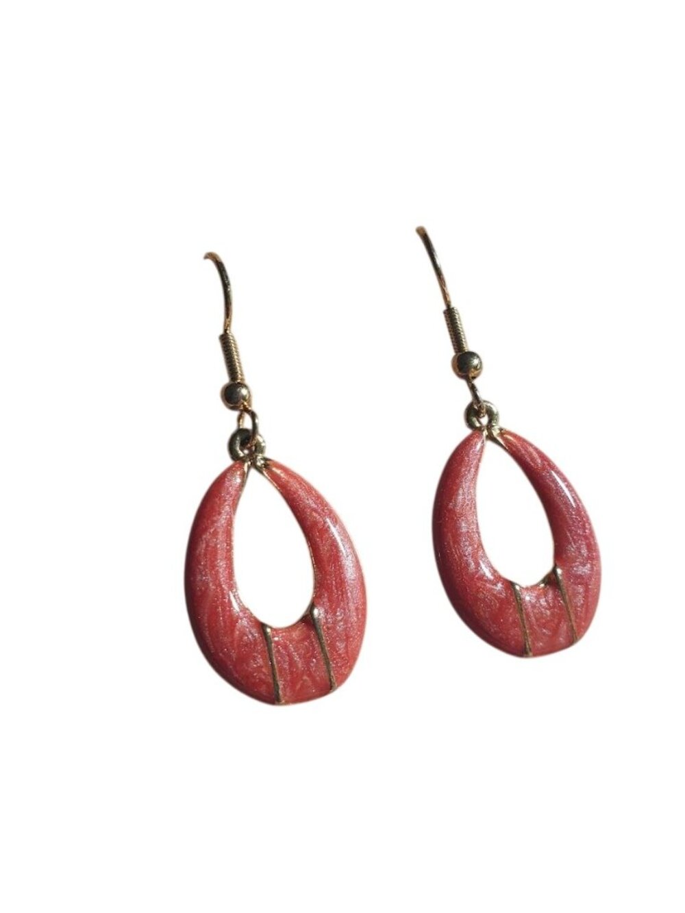 Handcrafted Coral Red Teardrop Gold Tone Dangle Earrings Hook Back Boho Beach